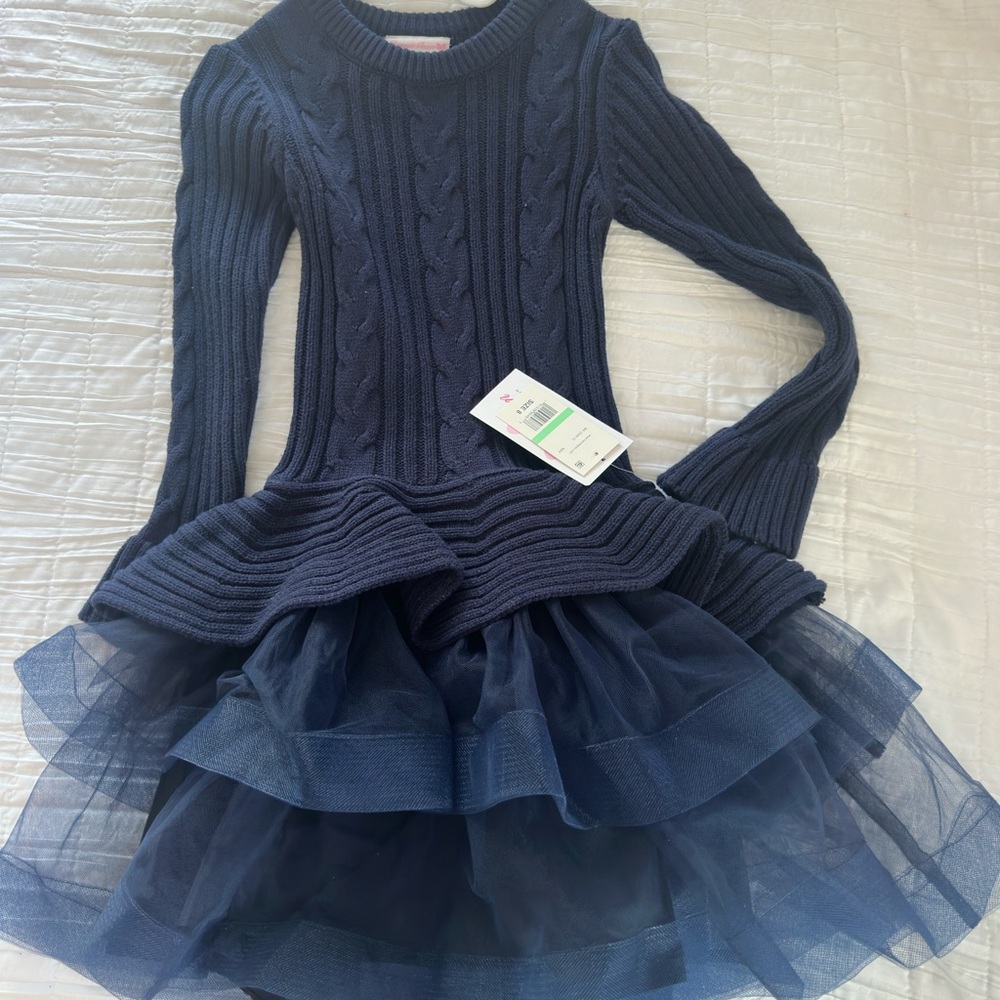 Navy Cable Knit Dress with Tulle Skirt